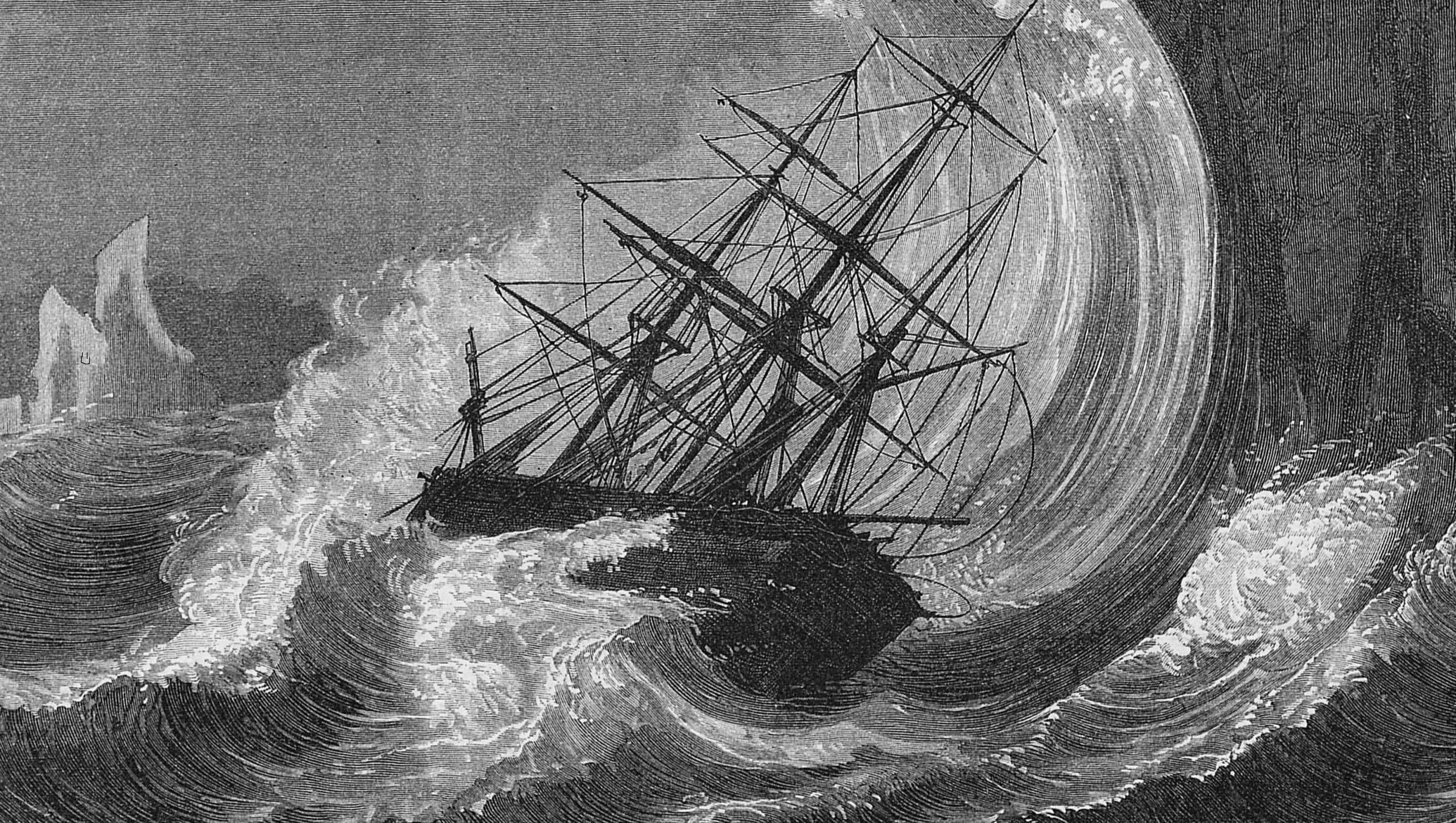 An old drawing of a big three-masted sailing ship about to be swept over by a huge wave in stormy seas - 1