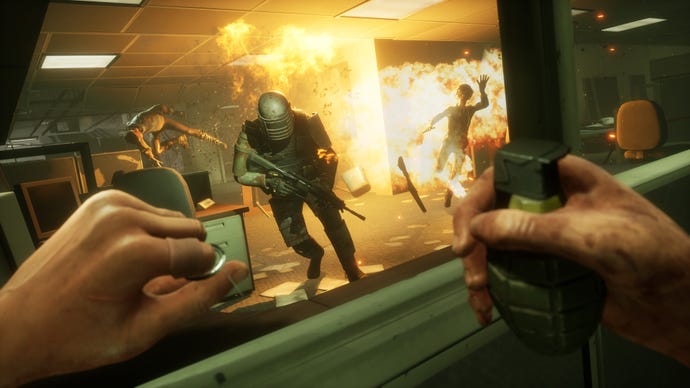 Zombies in the background scatter in an explosion as an armoured human enemy advances in The Walking Dead: Saints and Sinners - Chapter 2