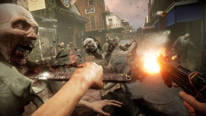 Shooting a zombie with the gun in your right hand and stabbing another zombie with the knife in your left hand in The Walking Dead: Saints and Sinners - Chapter 2