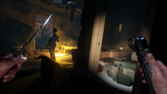 Sneaking up on an enemy in a dark room in The Walking Dead: Saints and Sinners - Chapter 2