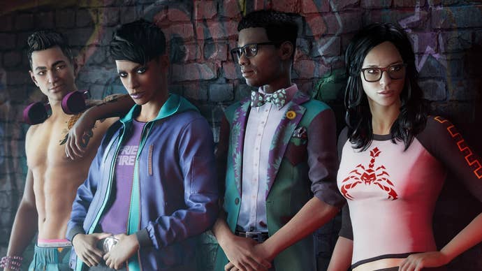 Saints Row image showing four characters leaning against a wall covered in graffiti