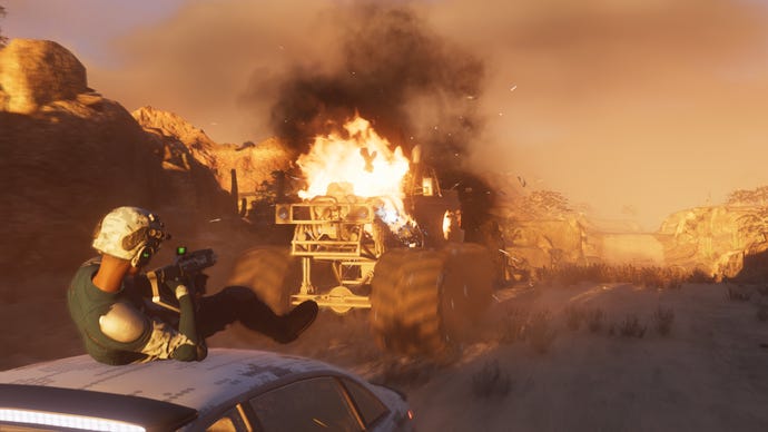 In Saints Row, the player character shoots at a pursuing truck while lying on the roof of a car.