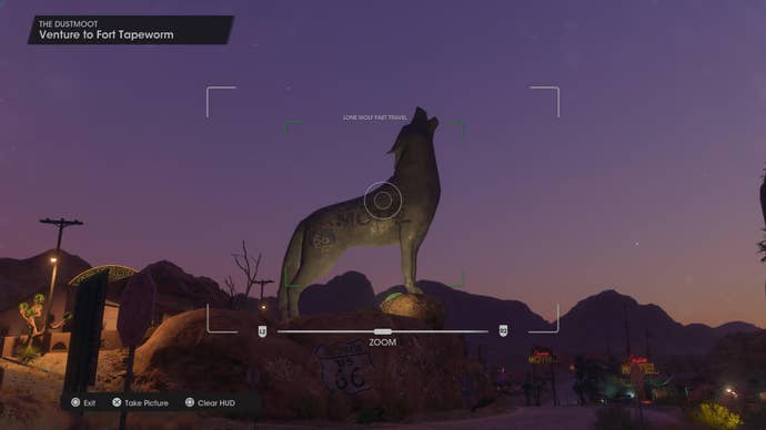 A demonstration of how to line up a photo of the Lone Wolf fast travel point in Saints Row