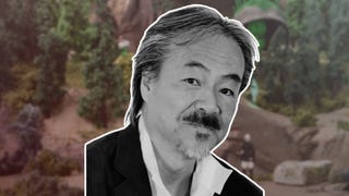 Sakaguchi, in profile and black and white, over a blurred background from Fantasian