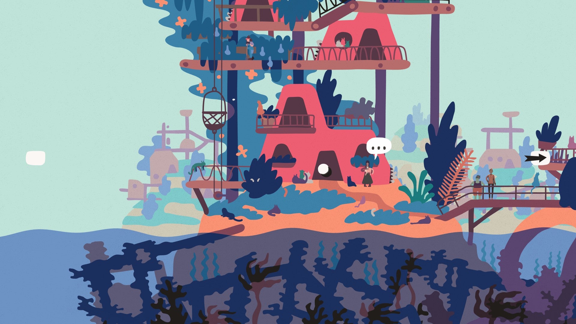 Saltsea Chronicles - a cobbled together housing complex rises out of the sea with many gantries and fronds of seaweed