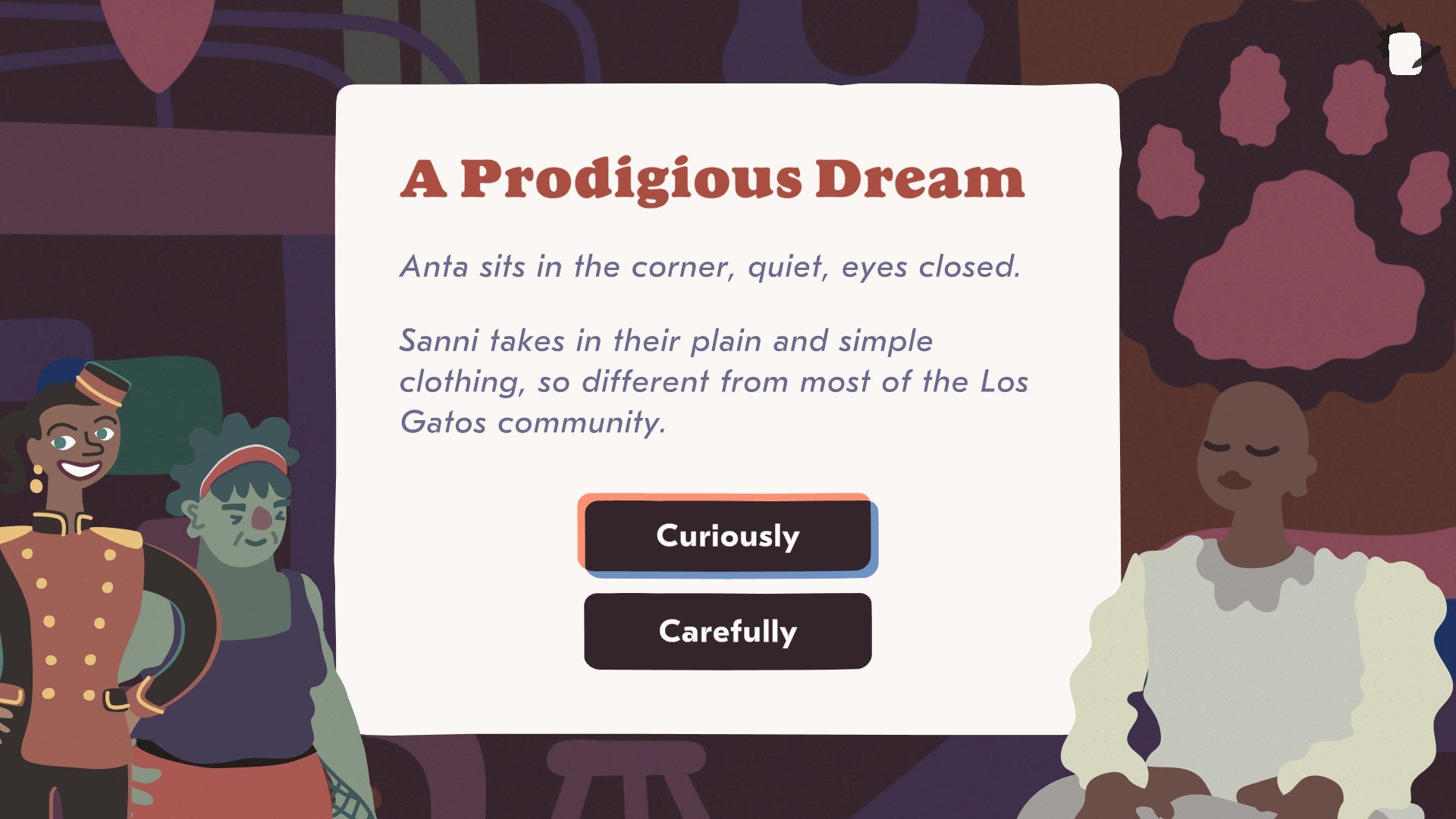 A selection of story from Saltsea Chronicles. A page of text headed &ldquo;A prodigious dream&rdquo; ends with a choice: proceed curiously or carefully. Several characters watch from the borders.