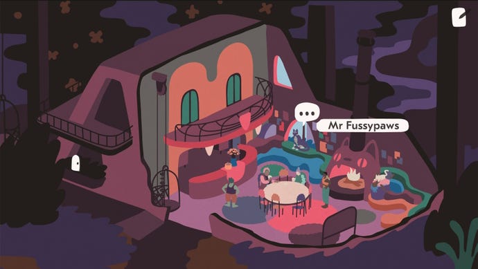 An interior scene with a cat-shaped bar and several people sitting at chairs and tables in Saltsea Chronicles