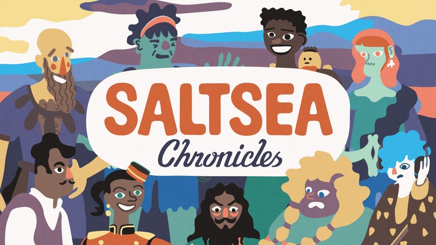 The key artwork for Saltsea Chronicles, showing the game’s logo and its cast of characters