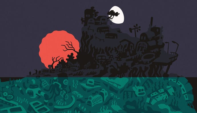 A moody sunset scene with a vast wreck in silhouette in Saltsea Chronicles