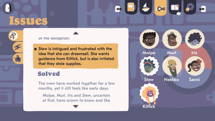 The Issues menu screen in Saltsea Chronicles