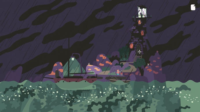 Two figures stand at the bottom of a stormy lighthouse in Saltsea Chronicles