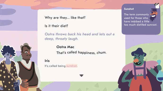 A conversation scene with a slang tooltip in the corner of the screen in Saltsea Chronicles