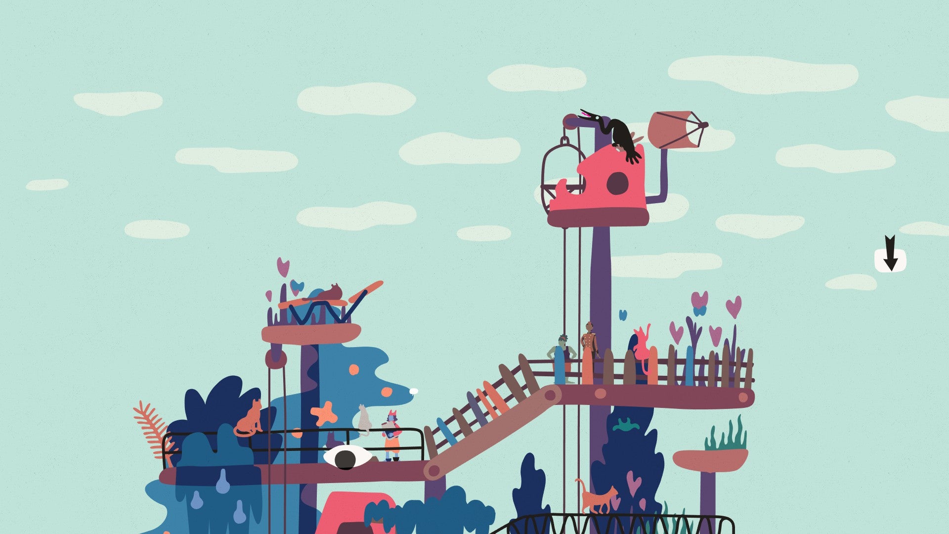 Saltsea Chronicles - a look-out nest-type building stands at the top of a pole suspended above walkways and fauna in Saltsea Chronicles.