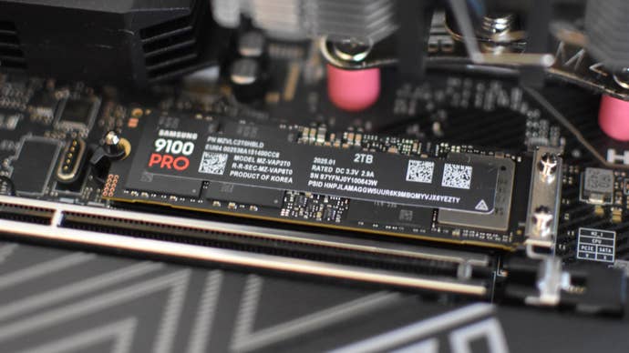 The Samsung 9100 Pro SSD installed in a motherboard.