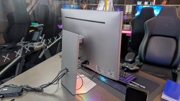 A rear presumption of the Samsung Odyssey 3D gaming monitor.