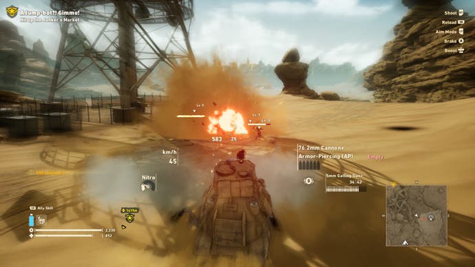 Sand Land Review 2: captura de pantalla de Sand Land de un tanque disparando a los enemigos
