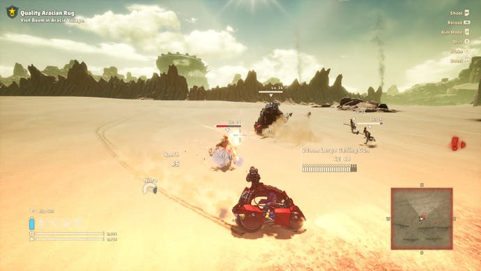 Sand Land Review 4 - Sand Land screenshot of Beelzebub drifting on a motorbike while he shoots at gang members