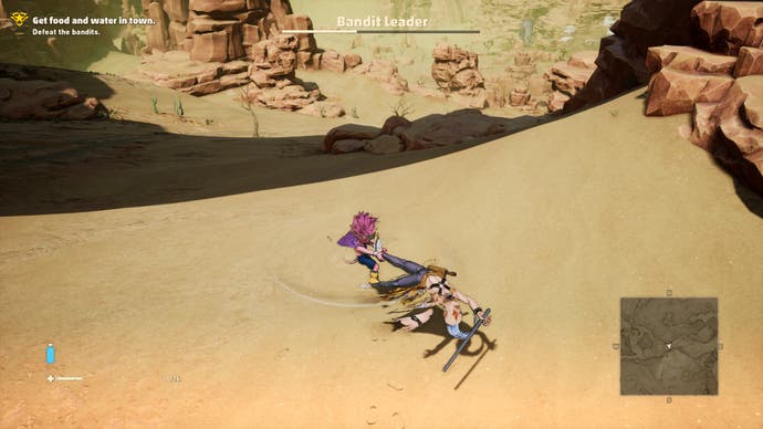 Sand Land Review 8: captura de pantalla de Sand Land de Beelzebub haciendo girar a un mini jefe