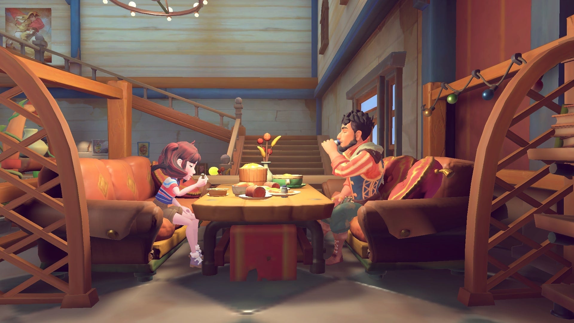 The player enjoys dinner with Owen in Blue Moon Saloon in My Time at Sandrock - 1