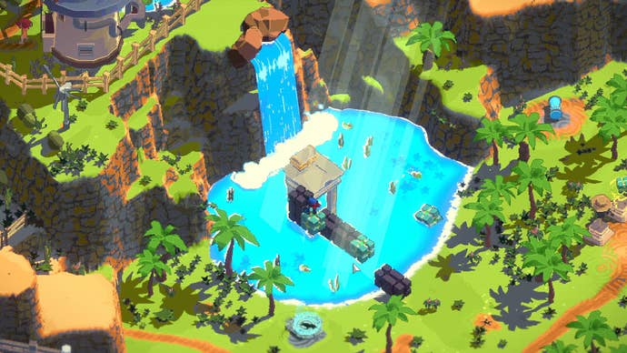 Sands of Hope screenshot showing a lush environment with a blue lake surrounded by trees