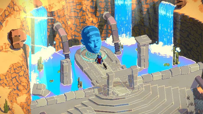 Sands of Hope screenshot showing an arid area with a man made set of stairs leading to a statue of a head set within a watery pool
