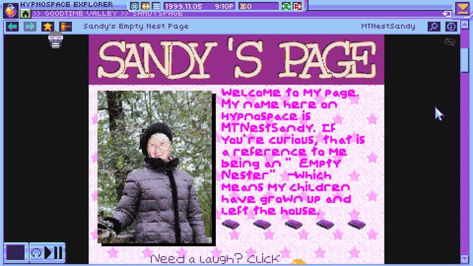 A pink old-school web page titled “Sandy’s Page”. A photograph on the left shows a woman in a coat smiling.
