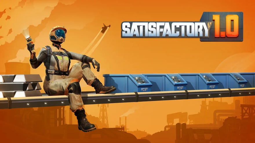 A Satisfactory character sitting on a conveyor belt with the caption “Satisfactory 1.0”