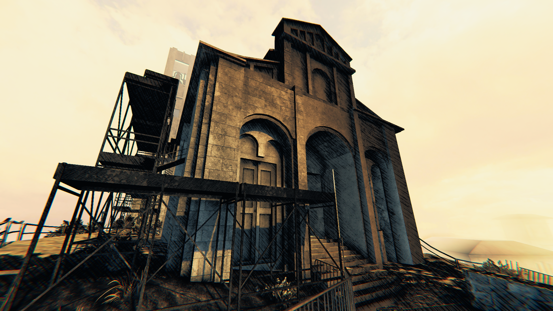 Saturnalia review - a large church-like building against a pale yellow sky