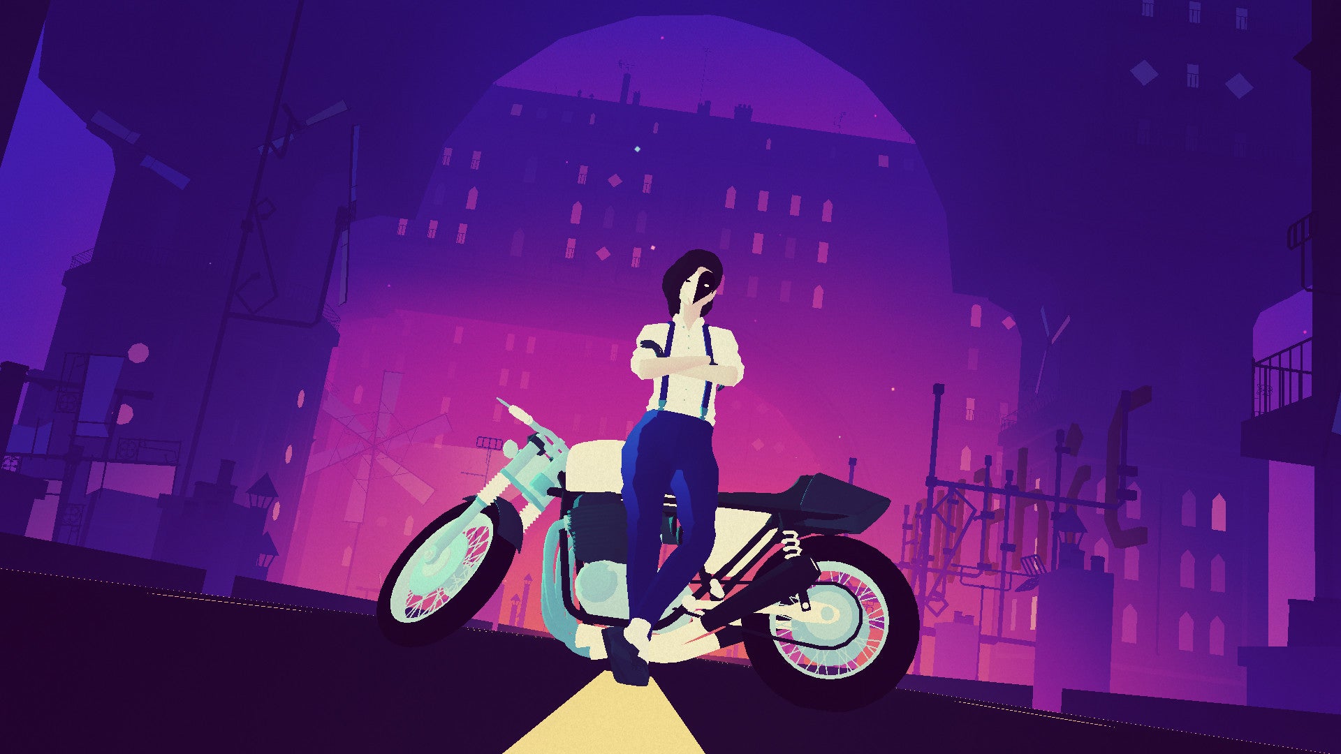 A character stands in front of a motorbike in Sayonara Wild Hearts - 9