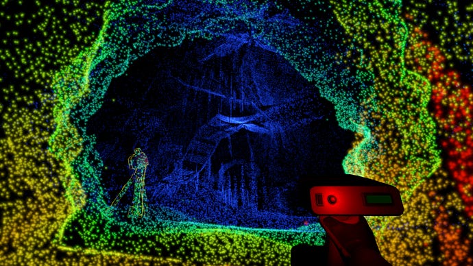 A cave in Scanner Sombre lit up by coloured dots, with a bridge visible in the background.