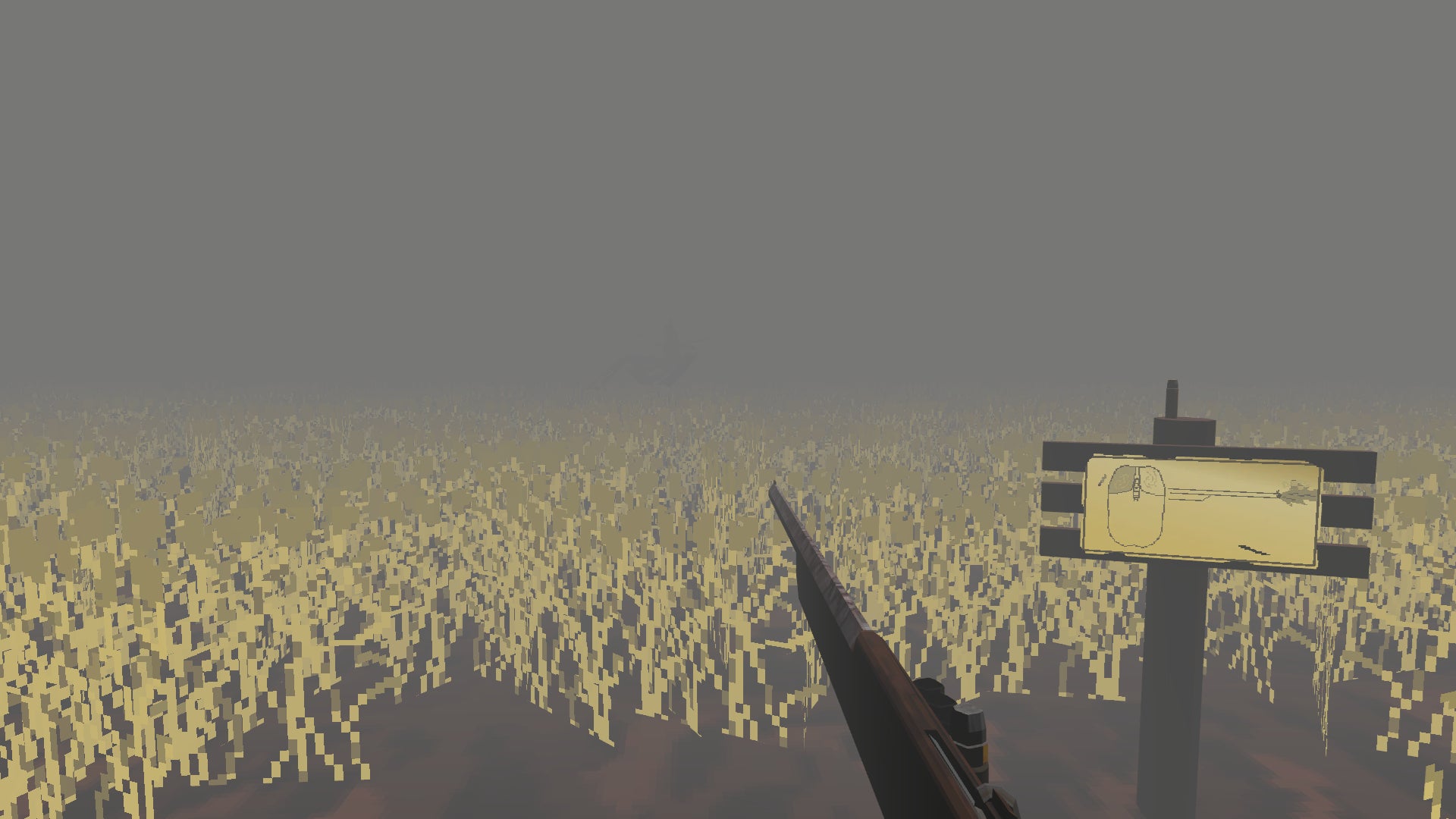 A first-person view of a hazy cornfield with a rifle visible in the player's grip and an unhelpful signpost, from the Itch game Formidophobia - 1