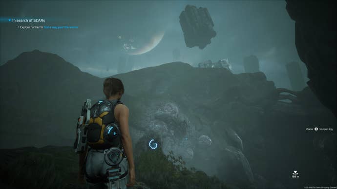 A woman stands in front of a mysterious, alien landscape with monoliths hanging in the sky in Scars Above