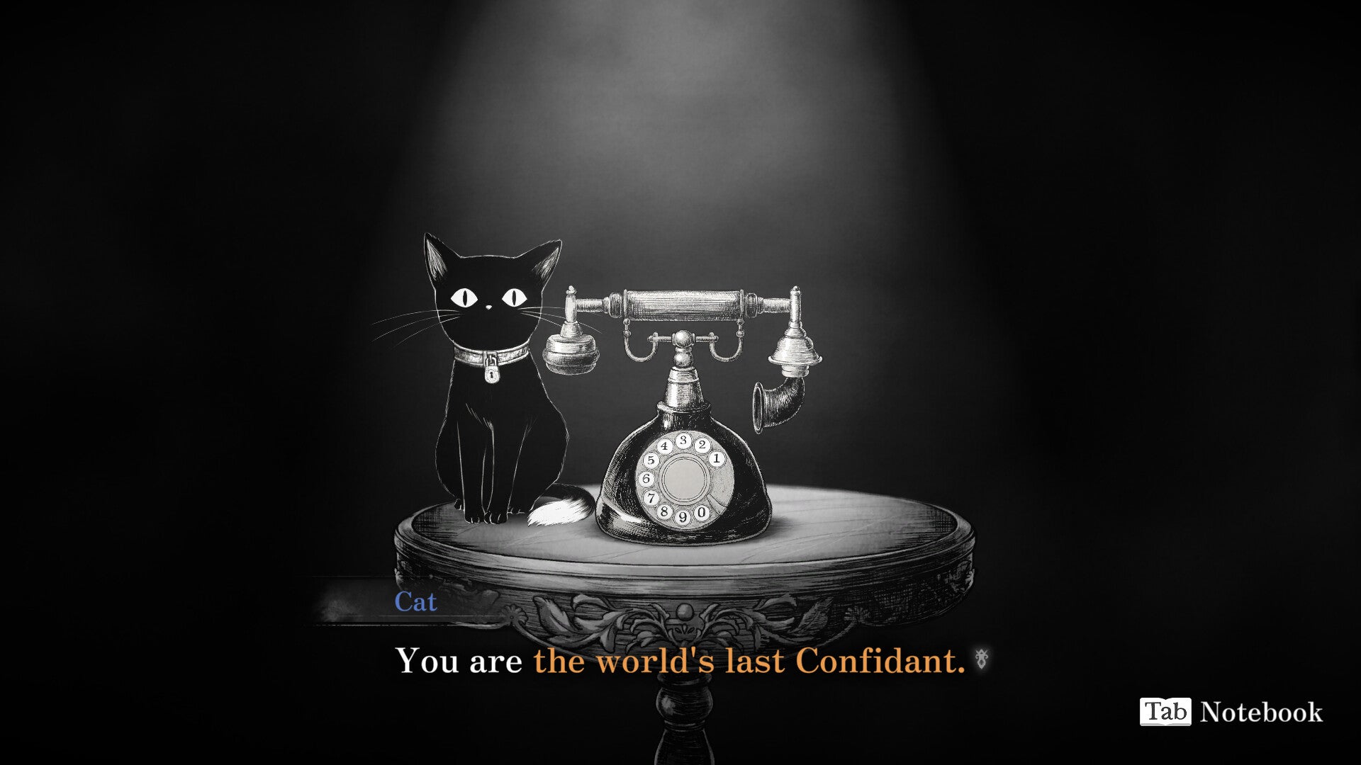 A black cat sits next to an old rotary dial telephone in Schrödinger's Call.