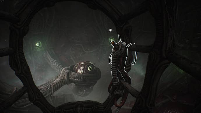 The player faces a button contraption in Act 2 of Scorn