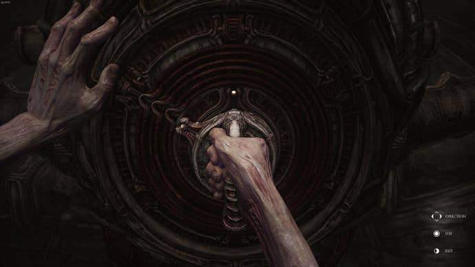 The player finishes the puzzle at a pillar in Act 2 of Scorn
