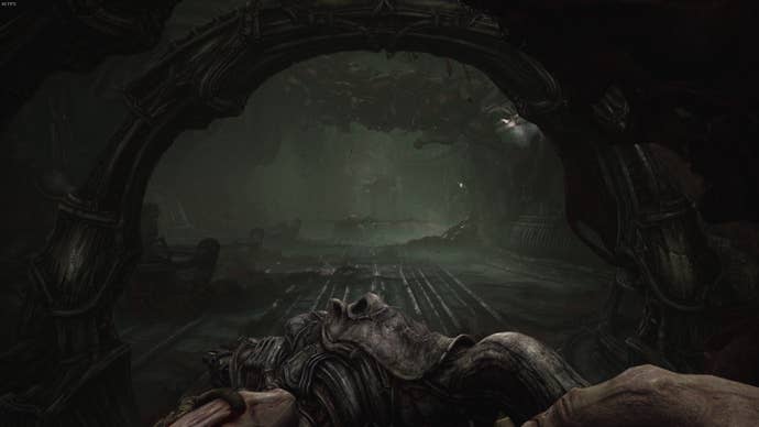 The player looks ahead at three different exits for the room they're in, in Act 3 of Scorn