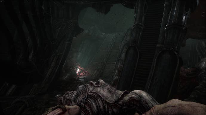 The player faces some narrow stairs in Act 4 of Scorn
