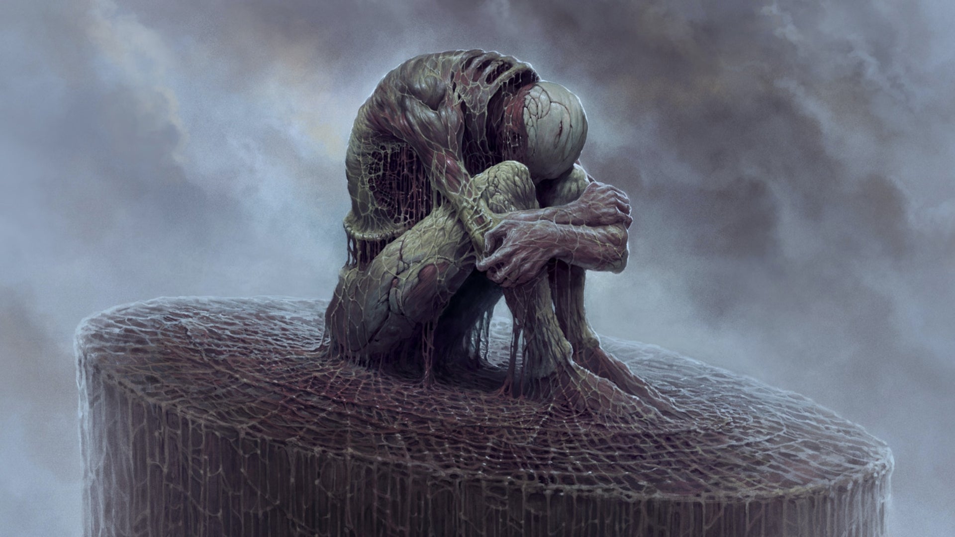 A fleshy carcass sits on an equally fleshy pedestal in key art work for Scorn