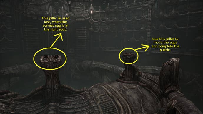 Two pillars required for a puzzle in Act 1 of Scorn can be seen
