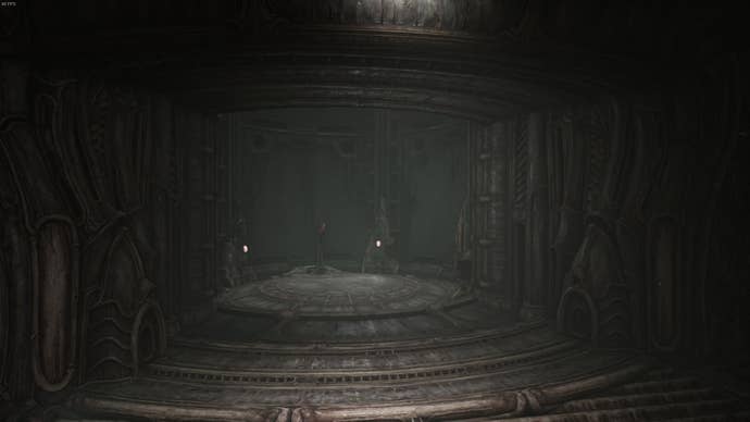 The player faces an elevator shaft in Scorn's Act 1