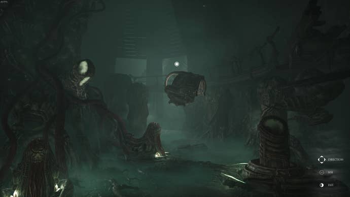 The player faces a tree of alien bone mass and more, with a helmet-like item they must move around  in Scorn's Act 1