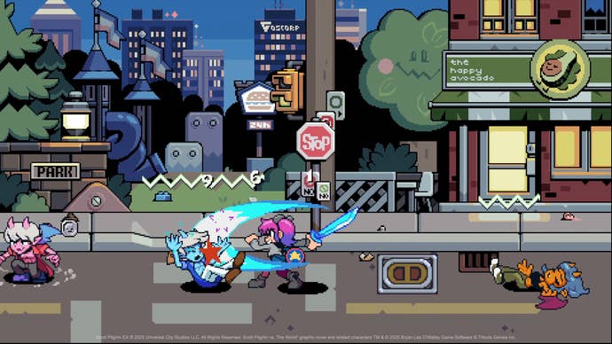Ramona fights disconnected demons with a glowing bluish sword successful in Scott Pilgrim EX.