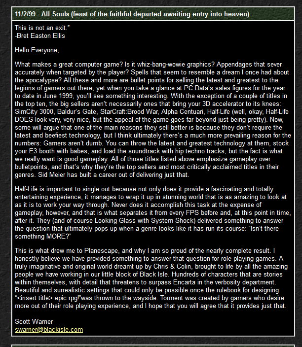 A blog from 11/2/99 in which Scott Warner of Black Isle asks what makes a good computer game