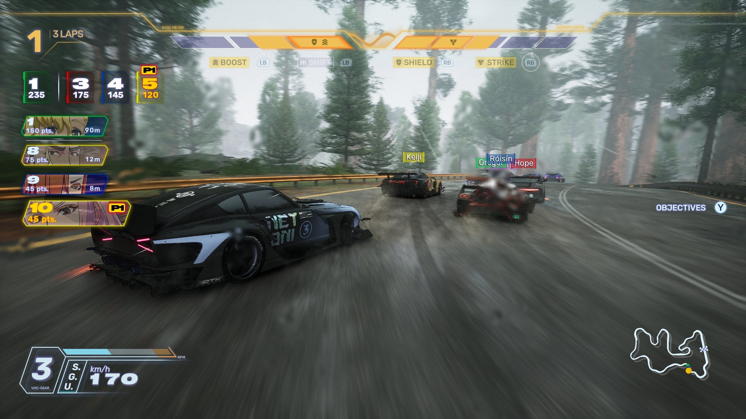 Drifting round a forest track during a team race in Screamer (2026).
