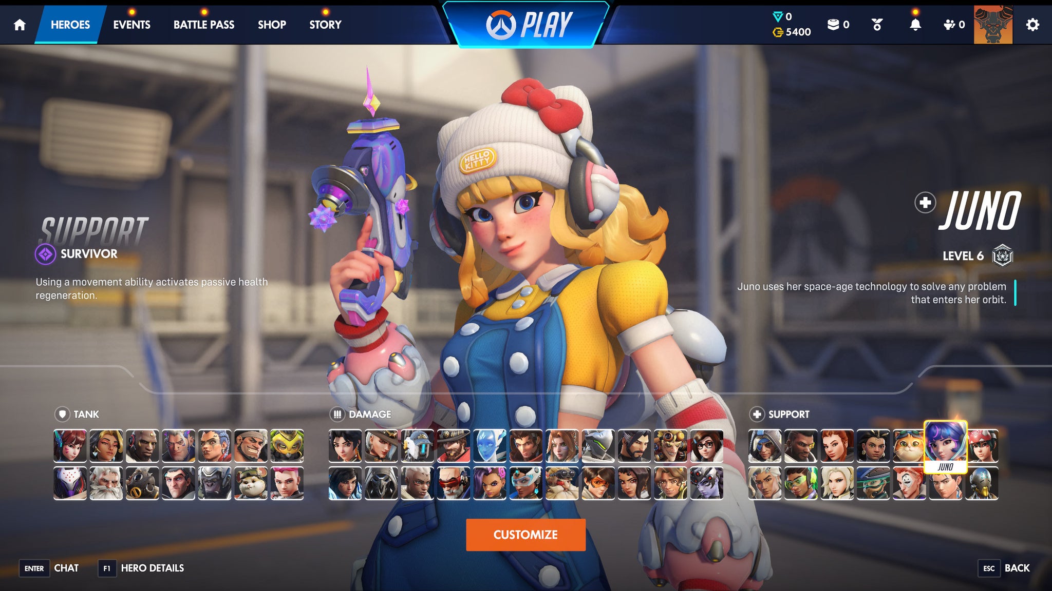 An Overwatch screenshot showing the hero roster and a Hello Kitty-themed Juno.