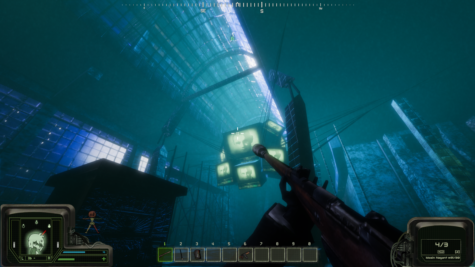 The player looks up to a jumble of TV screens showing a man&rsquo;s face in Peripeteia.