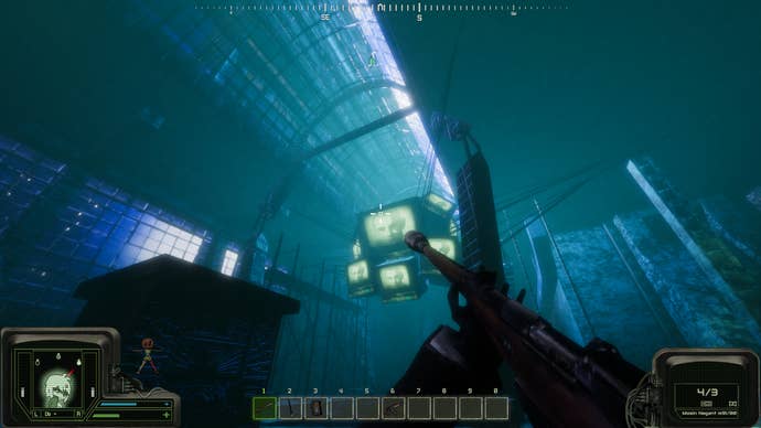 The player looks up to a jumble of TV screens showing a man’s face in Peripeteia.