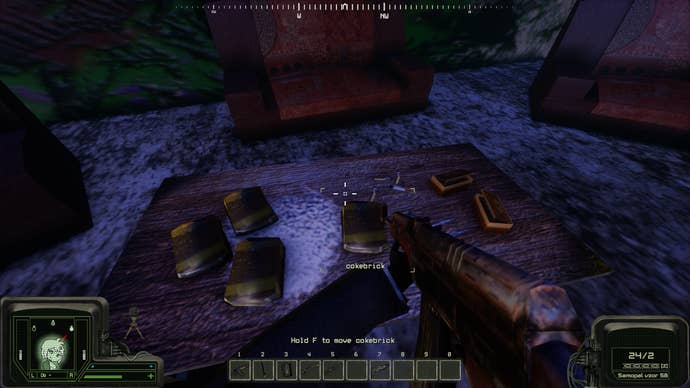 The player looks at a table full of ‘cokebricks’ in Peripeteia.