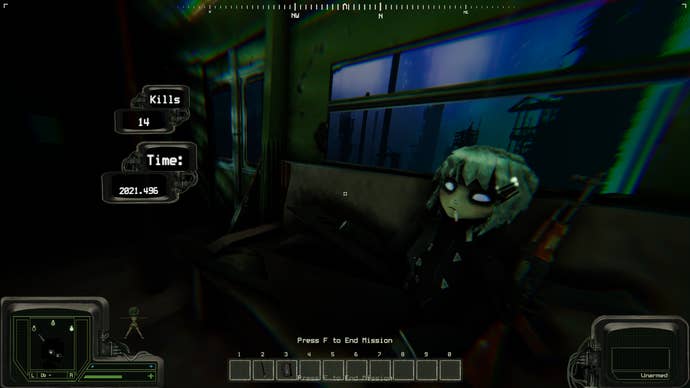 The player looks at a woman on a train in Peripeteia.