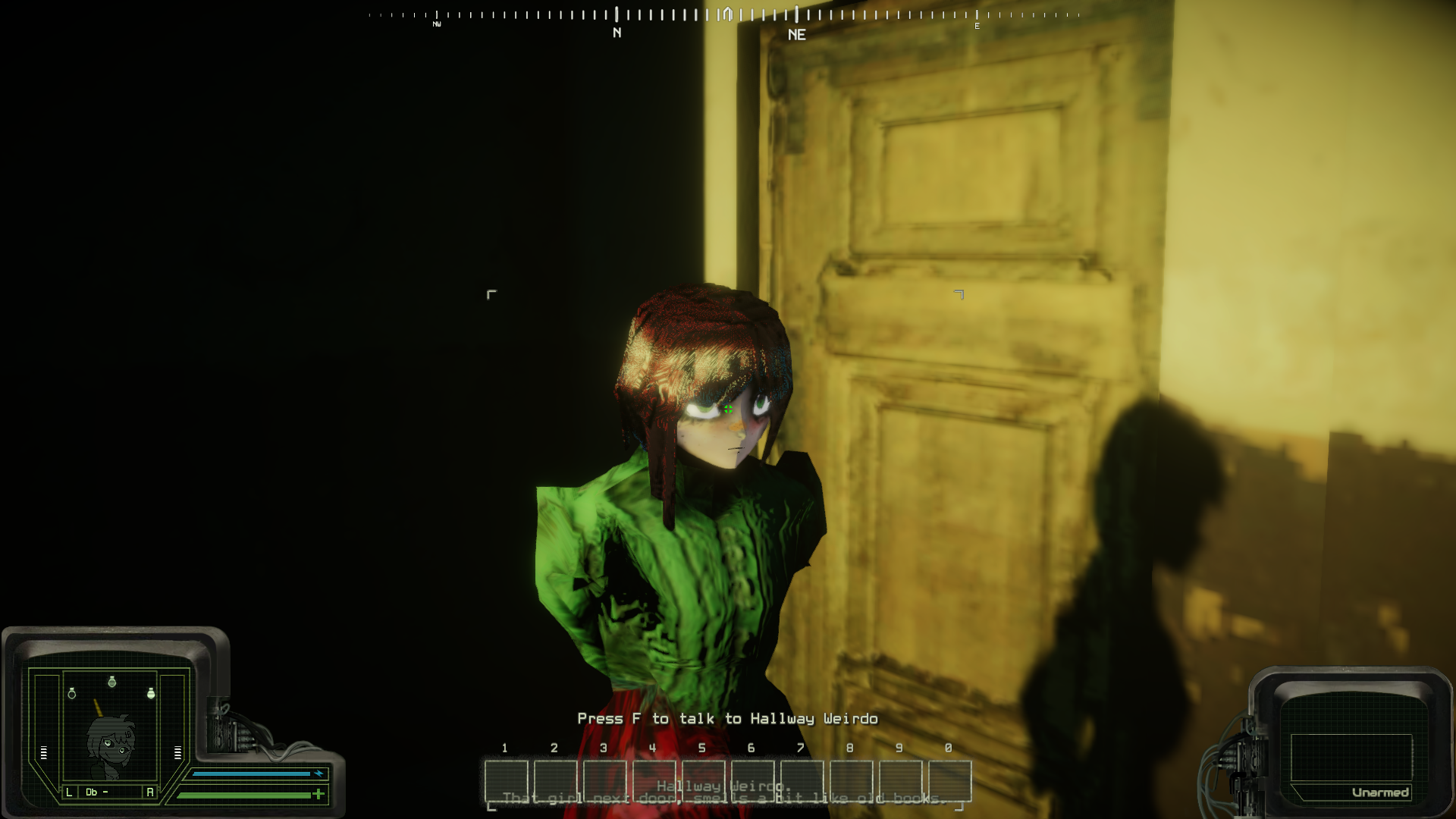 The player approaches a woman called the Hallway Weirdo in a starkly lit apartment building in Peripeteia.